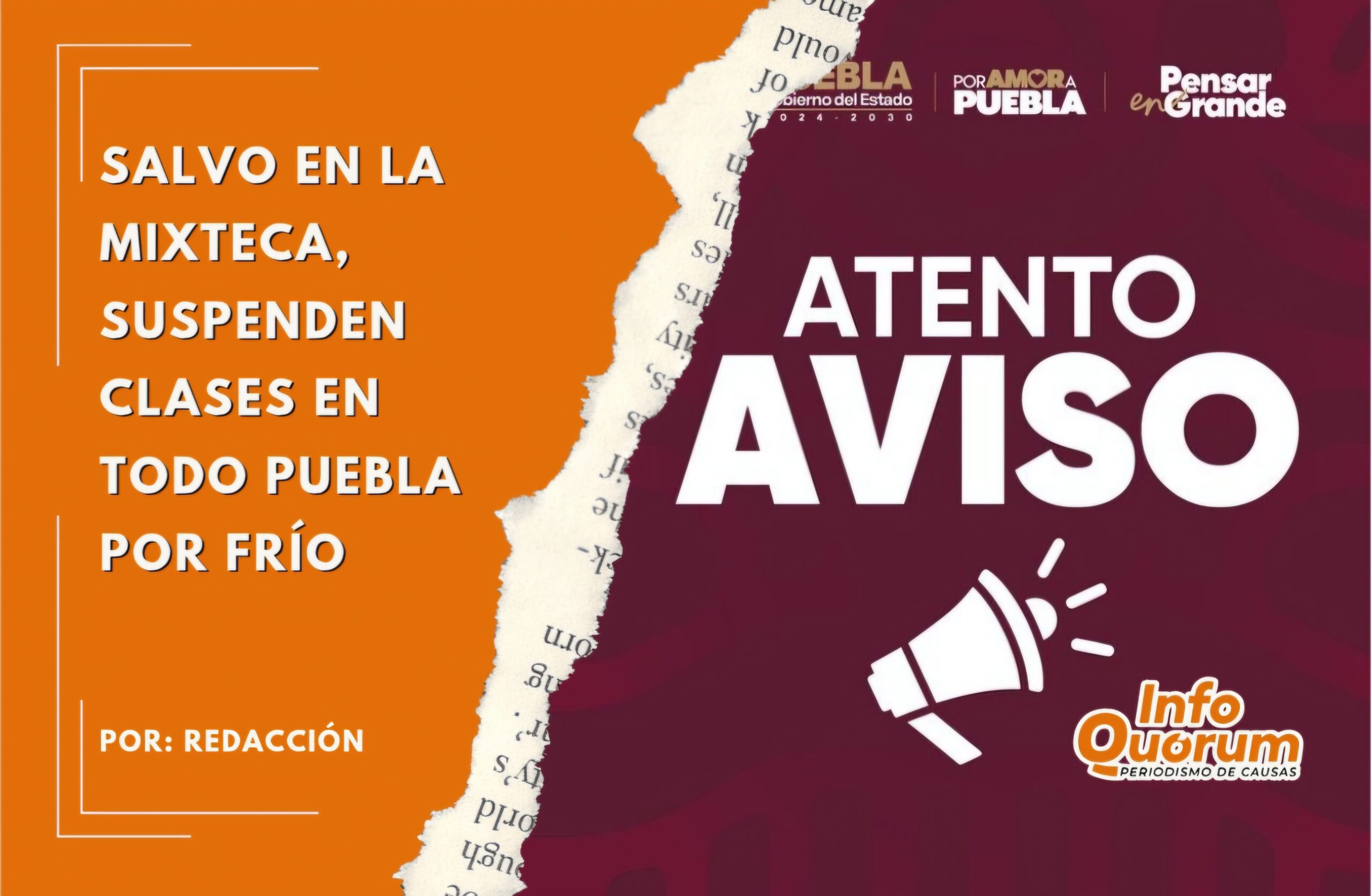 Salvo en la Mixteca, suspenden clases en todo Puebla por frío