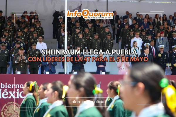Sheinbaum llega a Puebla con líderes de la 4T para el 5 de mayo