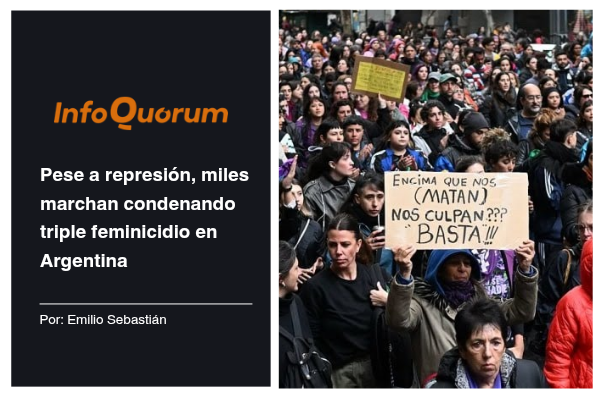 Pese a represión, miles marchan condenando triple feminicidio en Argentina