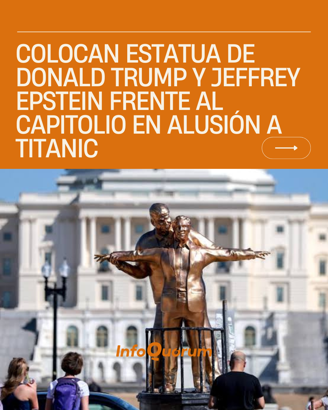 Colocan estatua de Donald Trump y Jeffrey Epstein frente al Capitolio en alusión a Titanic