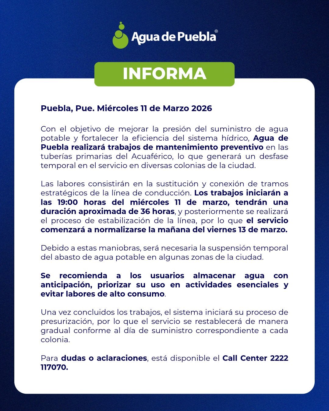 Agua de Puebla dará mantenimiento preventivo a tuberías del Acuaférico
