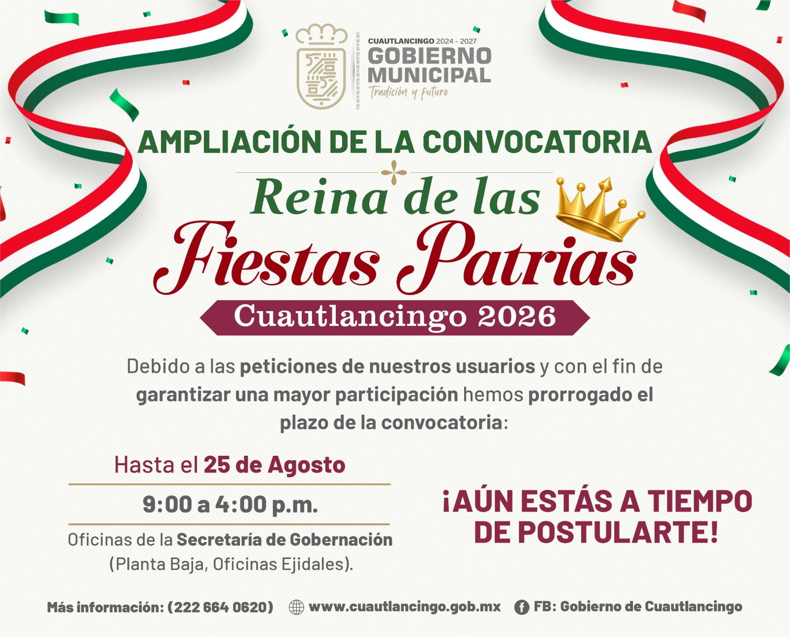 Amplían inscripción para Reina de las Fiestas Patrias 2026 en Cuautlancingo