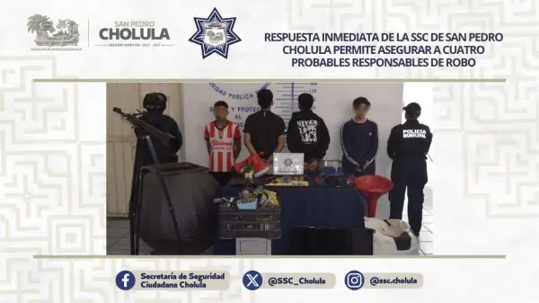 SSC de San Pedro Cholula detiene a cuatro presuntos responsables de robo